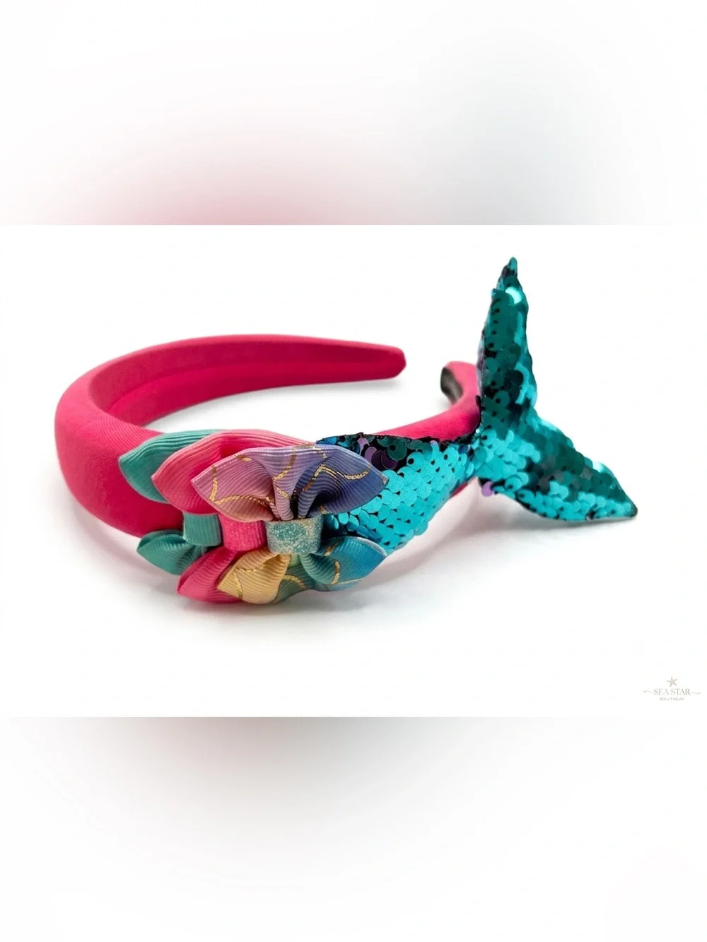 Handmade Girls Sequin Mermaid Tail & Bow Headband Pink